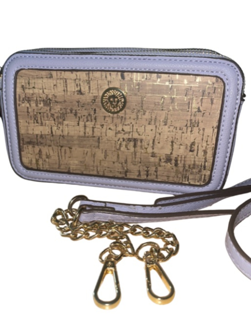 NWOT Anne Klein Faux Cork Camera Crossbody Bag Lavender Trim